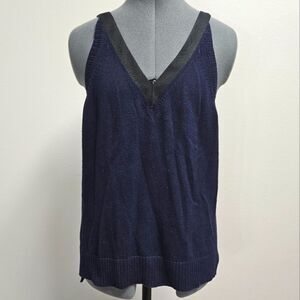 J. Crew Navy Blue Cotton Sleeveless Knit Tank Top Ribbon Trim Women's Small